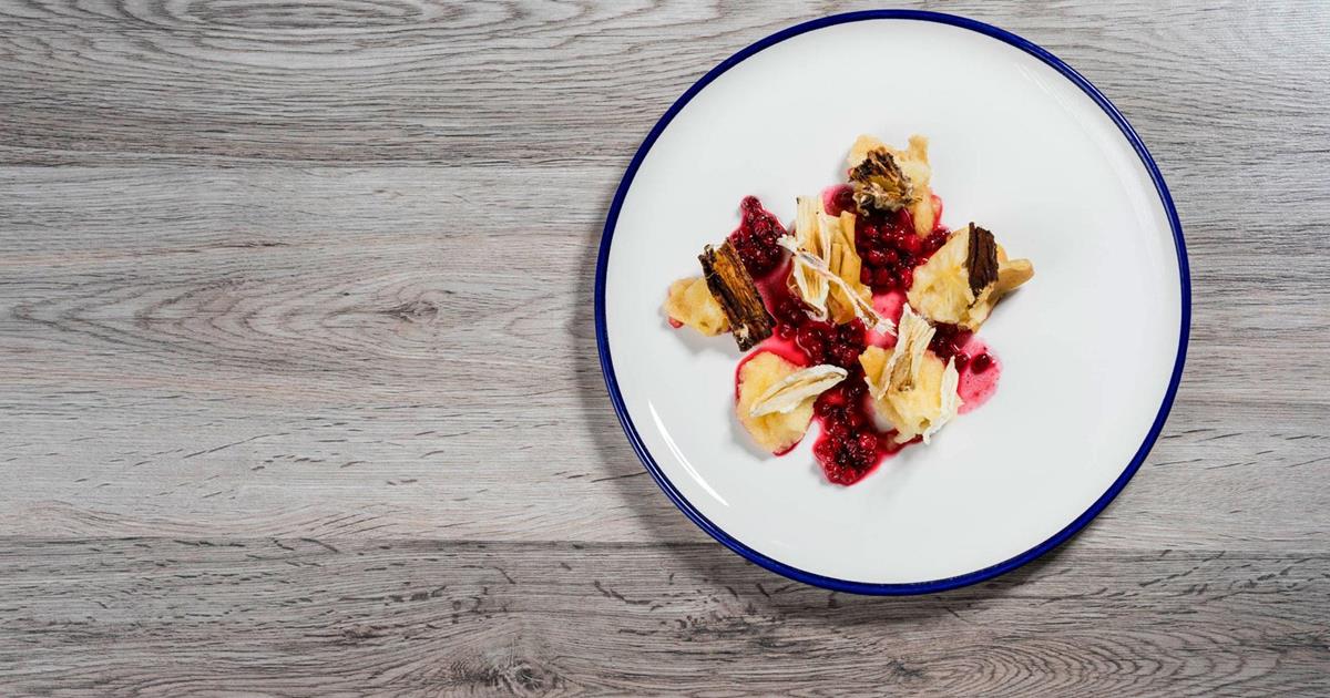 Baked apple with cranberries and milk chips from South Tyrol